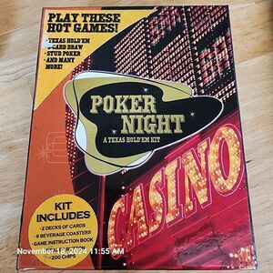 Poker Night A Texas Hold ‘Em Kit 2 Decks 200 Chips 1 Dealer Button Coasters NIB